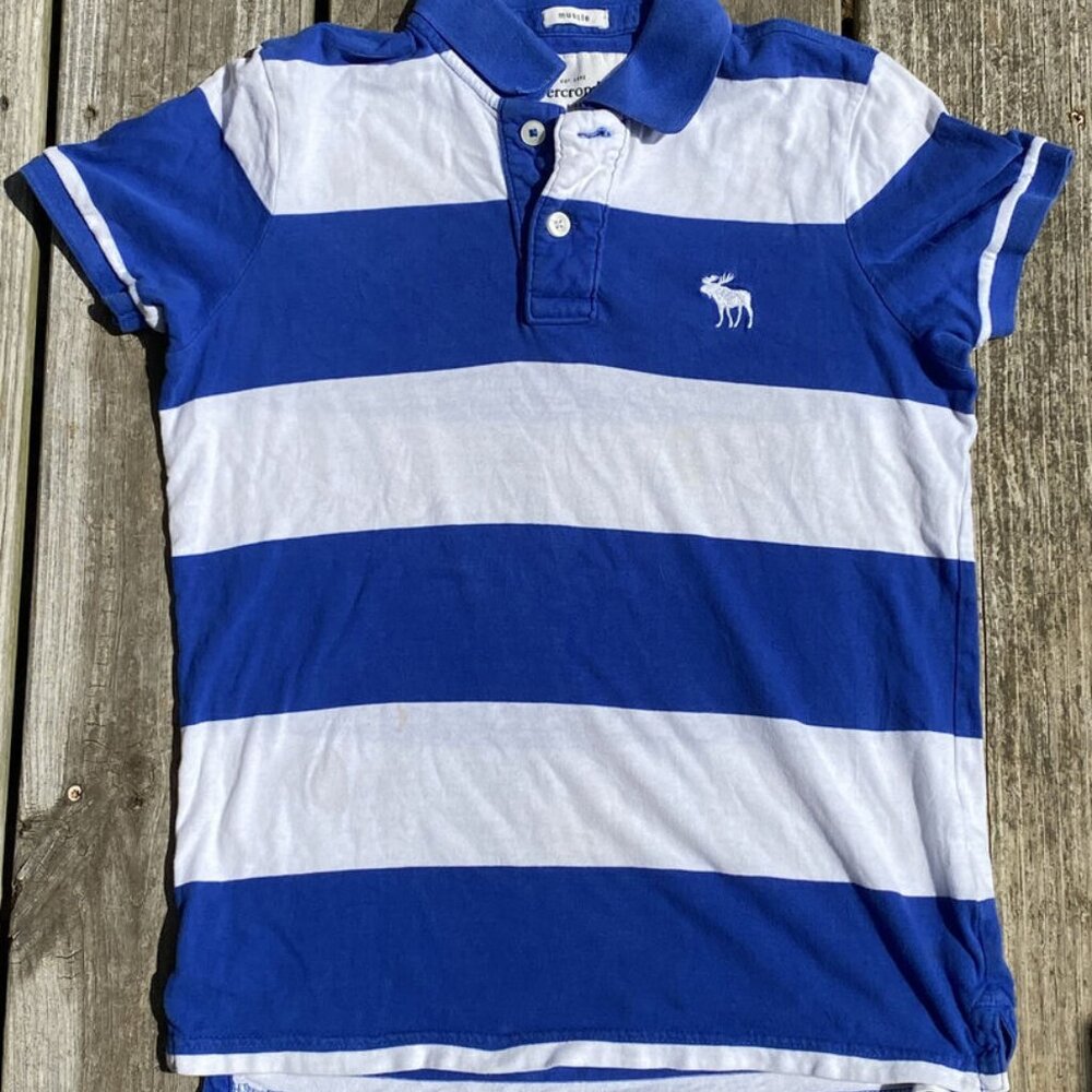 Abercrombie Kids Blue White Striped Muscle Polo Short Sleeve Shirt Boys Large L - Picture 3 of 11